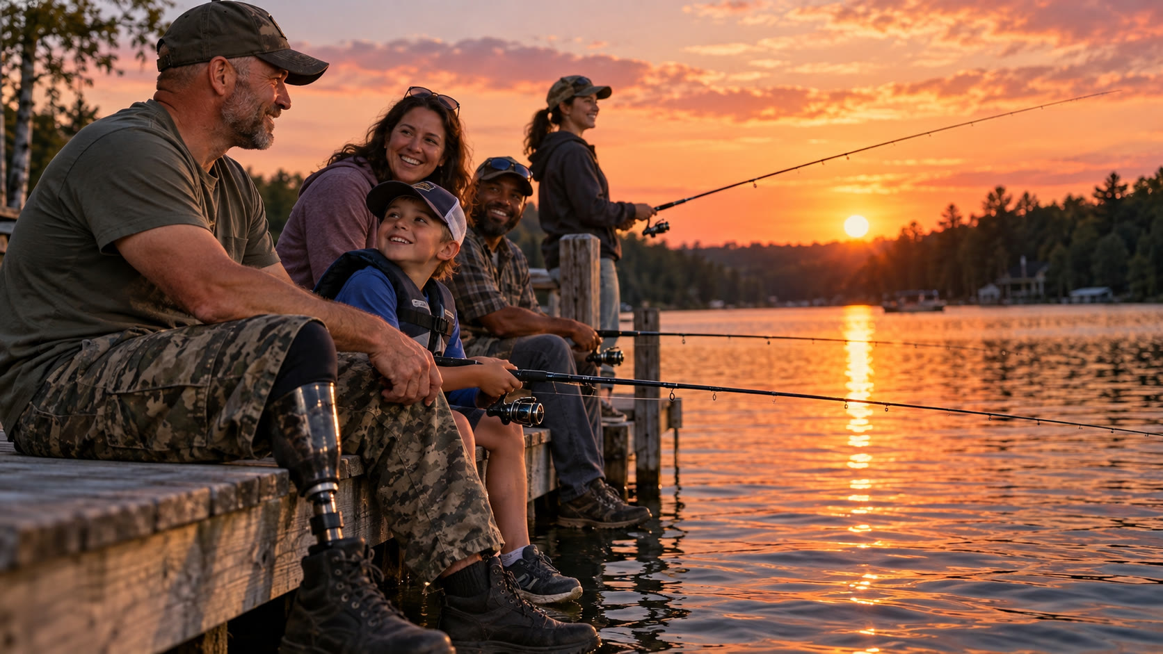 Anglers and supporters gathering beside the water at sunset